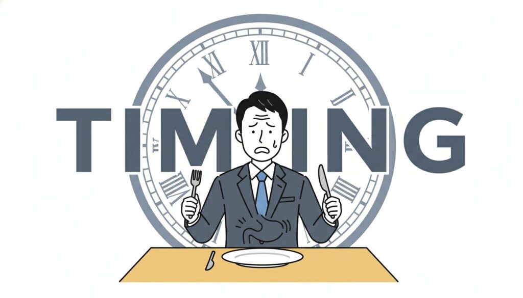 お腹を空かせたビジネスパーソンが、お皿に乗った最高の料理を待っている様子。背景に大きな時計があり、「Timing」と書かれている。