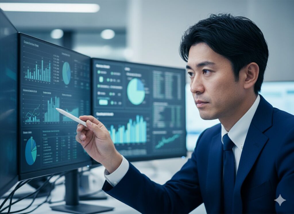 データや心理を分析しながら戦略を立てるビジネスパーソン