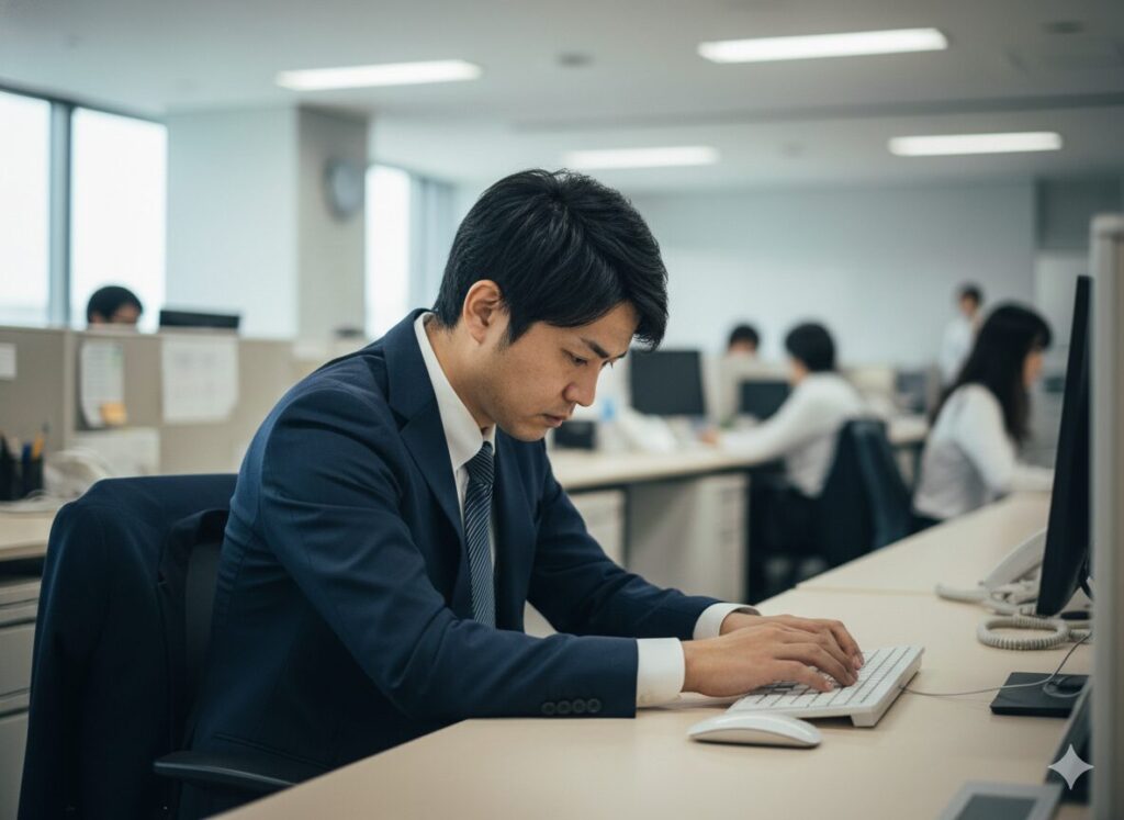 「デスクで疲れている営業マンの写真」