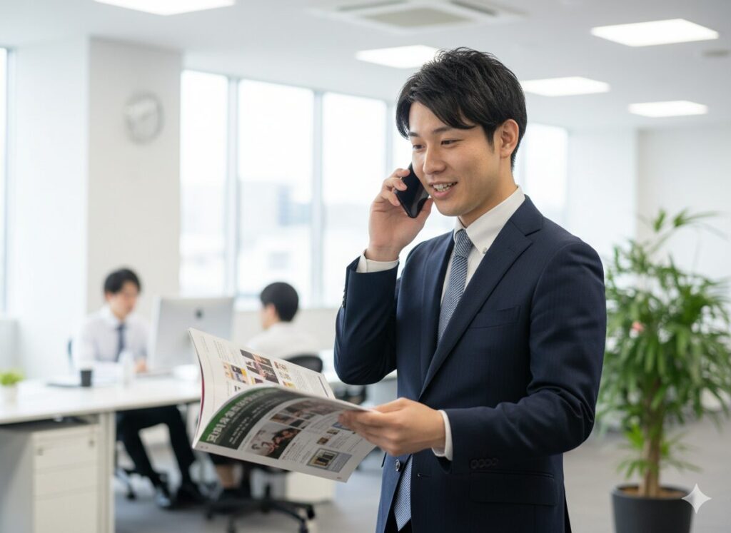 スーツ姿のビジネスパーソンが電話でカタログを紹介する場面