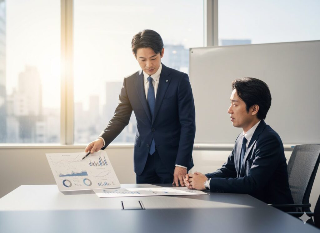 営業が堂々と顧客に提案しているシーン