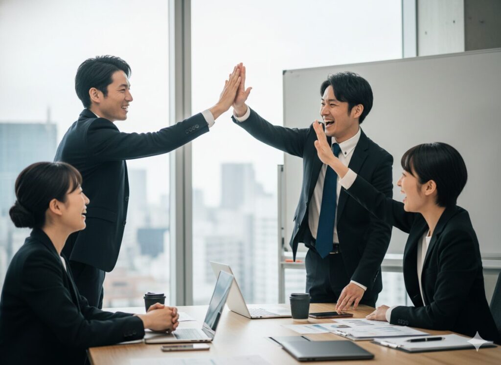 プロジェクトの成功をハイタッチして喜ぶビジネスチーム。チャレンジャーセールスモデル導入による成果を表現。