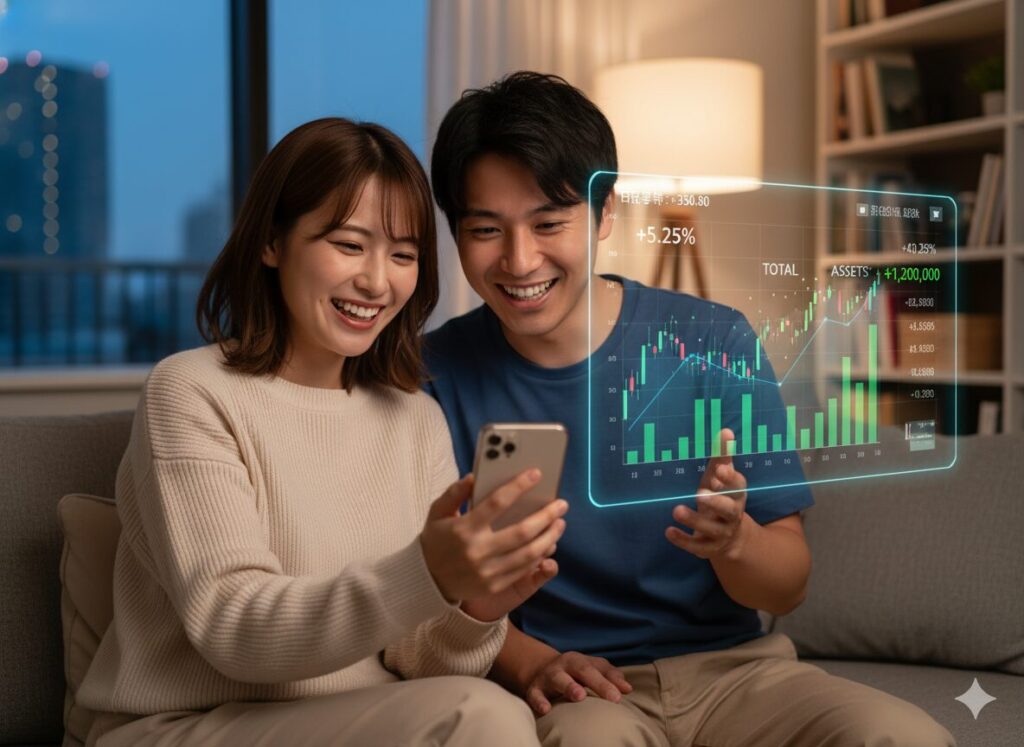 夫婦でスマホを持って、株の分析を楽しく行っている画像