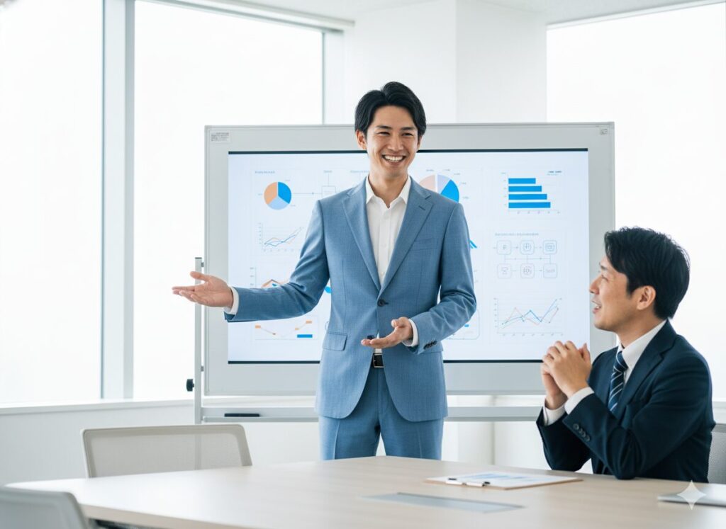 若手営業マンが自信を持って商談をリードしているシーン