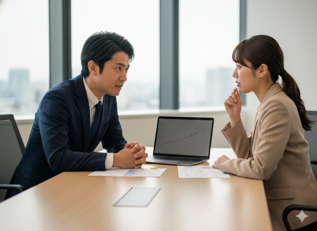 相手の悩みを聞き出しているビジネス会話の様子