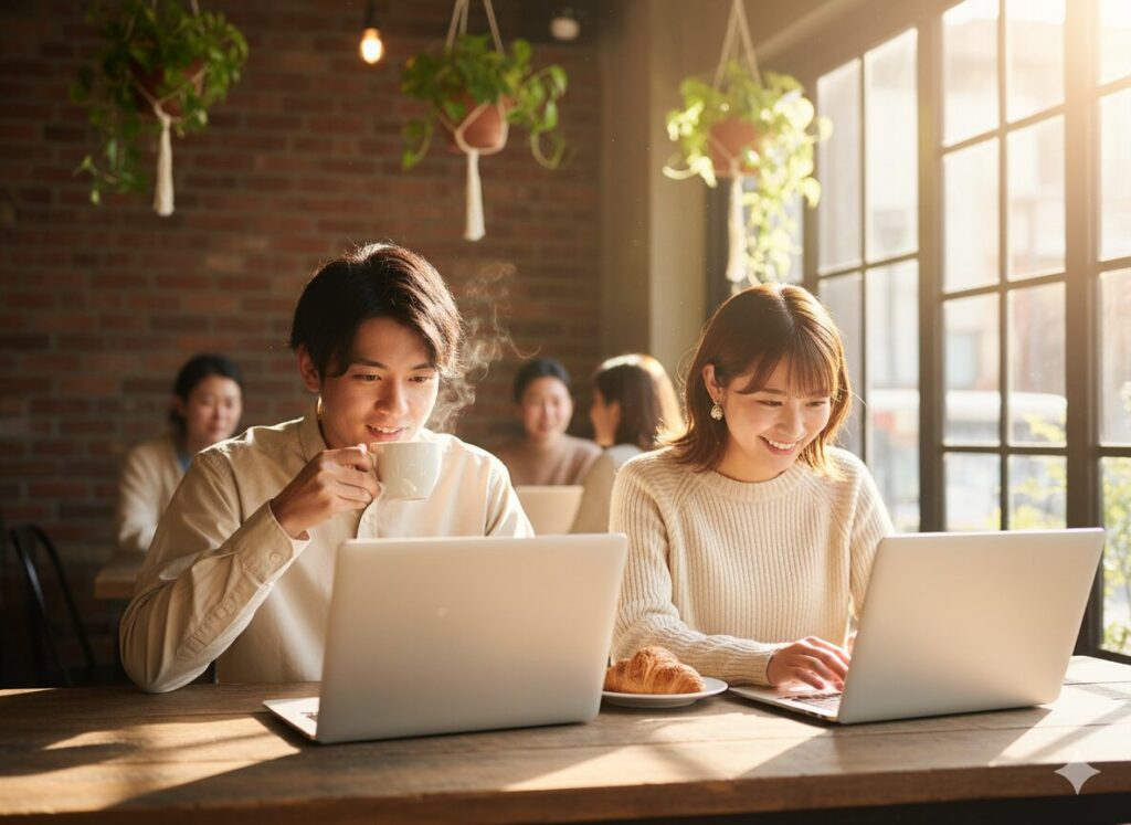 経済的自由な男女がカフェでリラックスしている