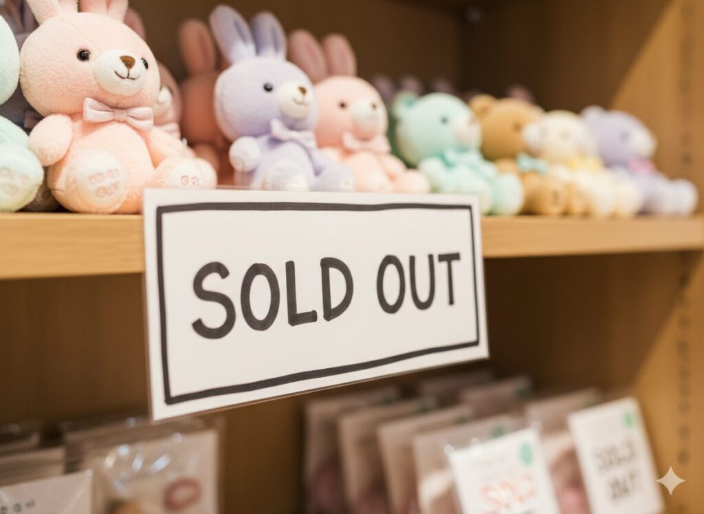 日本の雑貨店で「売り切れ」の札がかかった棚をクローズアップ。希少性と限定の心理を表す構図。