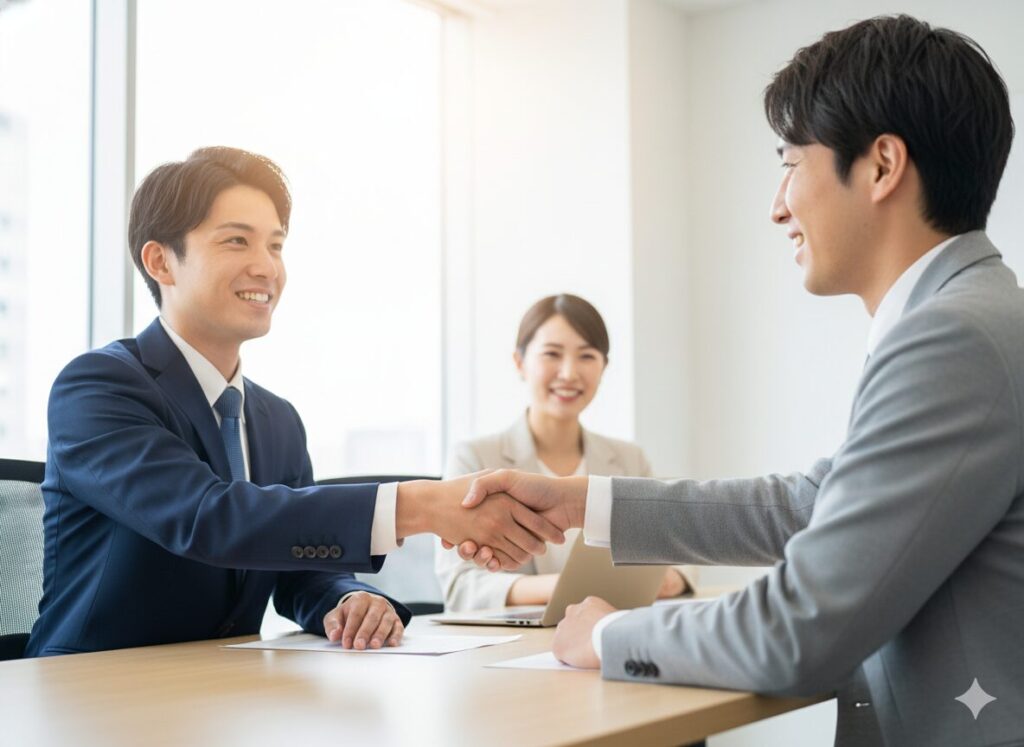 明るい会議室で営業担当と顧客が笑顔で握手を交わす場面。信頼関係と納得の瞬間を表現している。