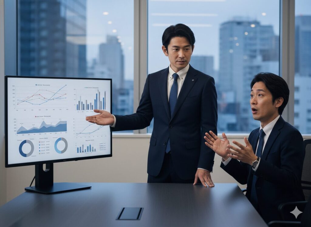 営業がデータを提示して顧客が驚いている場面
