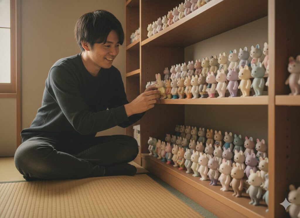 日本人が棚に小さなコレクションを並べている光景。集める喜びと一貫性の心理を象徴するシーン。