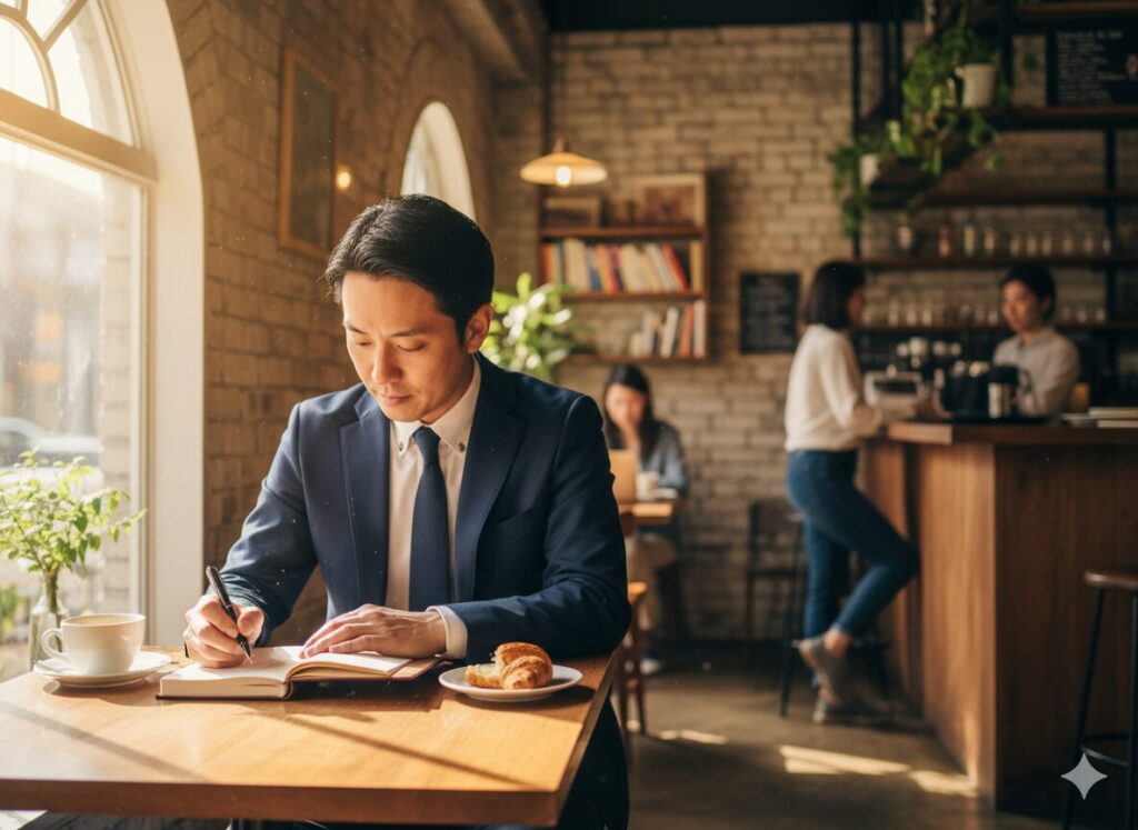 「ノートを開いて自分と向き合う営業マン」