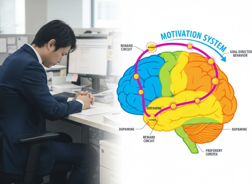 「脳のやる気の仕組みを説明するイラスト」