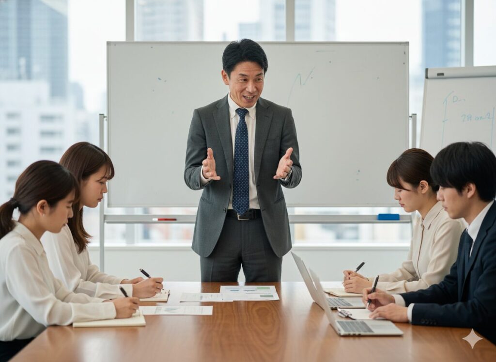 営業部長からチャレンジャーセールスのトーク例を教わる若手社員