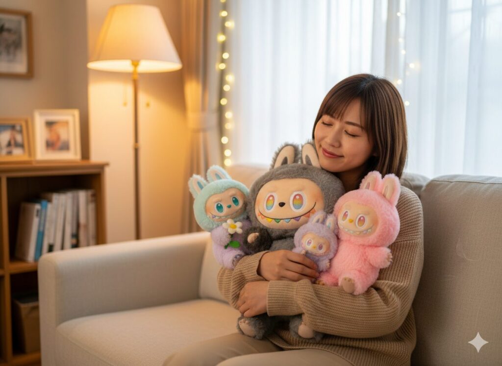 ラブブを抱えてリラックスする女性