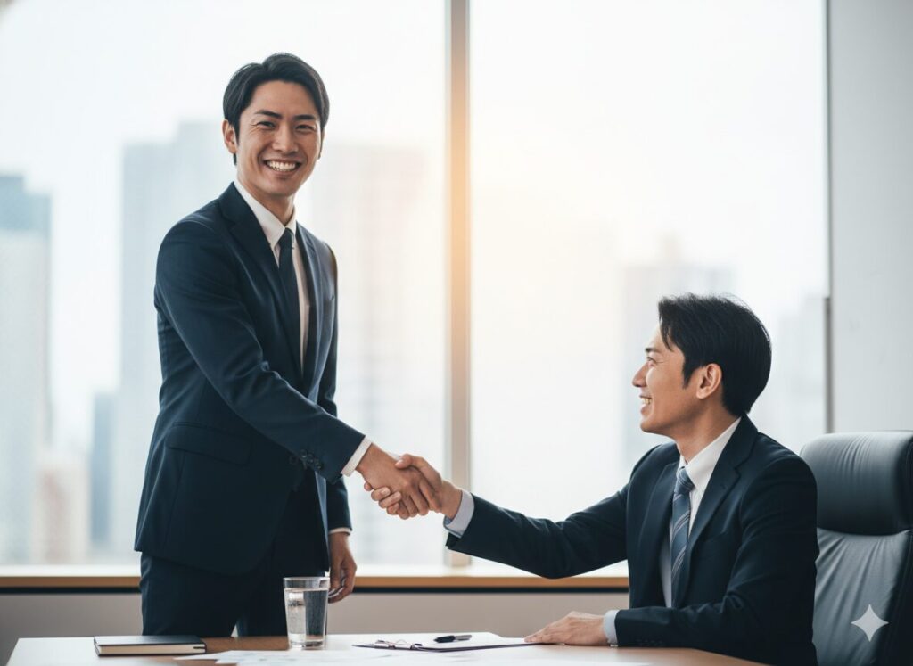 契約成立を喜ぶ営業職の男性