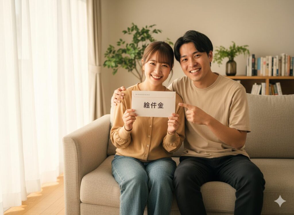 現金給付を受け取るシーン 現金給付の封筒を受け取り笑顔の人