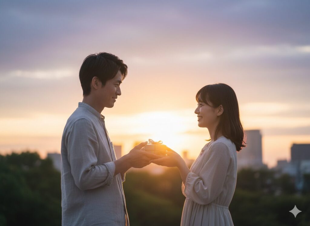 日本人の男女が夕陽の光の中で小さなギフトボックスを手に持ち、優しく微笑み合うシーン。信頼と感謝を象徴するラストカット。