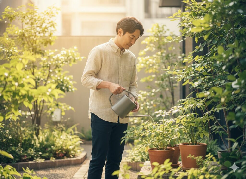 植物に水をやる営業マンの朝