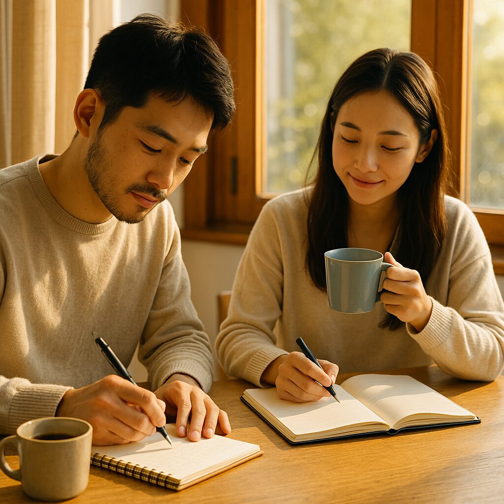 自宅にて朝の木漏れ日、夫婦でコーヒーを飲みながら執筆