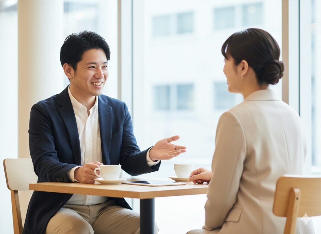 商談前に相手の了承を得ている営業担当者の様子