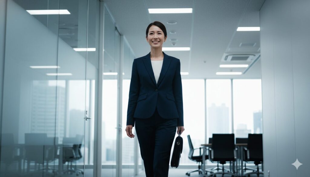 準備を終え、自信に満ちた笑顔と堂々とした姿勢で会議に向かう日本人営業プロフェッショナルの写真。
