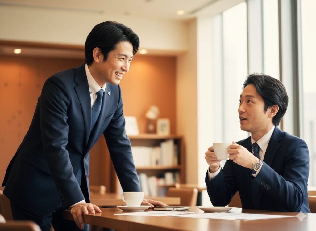 営業が顧客と笑顔で会話しているシーン（温かい雰囲気）