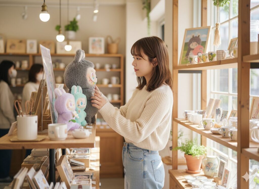 ラブブを見つめる女性
