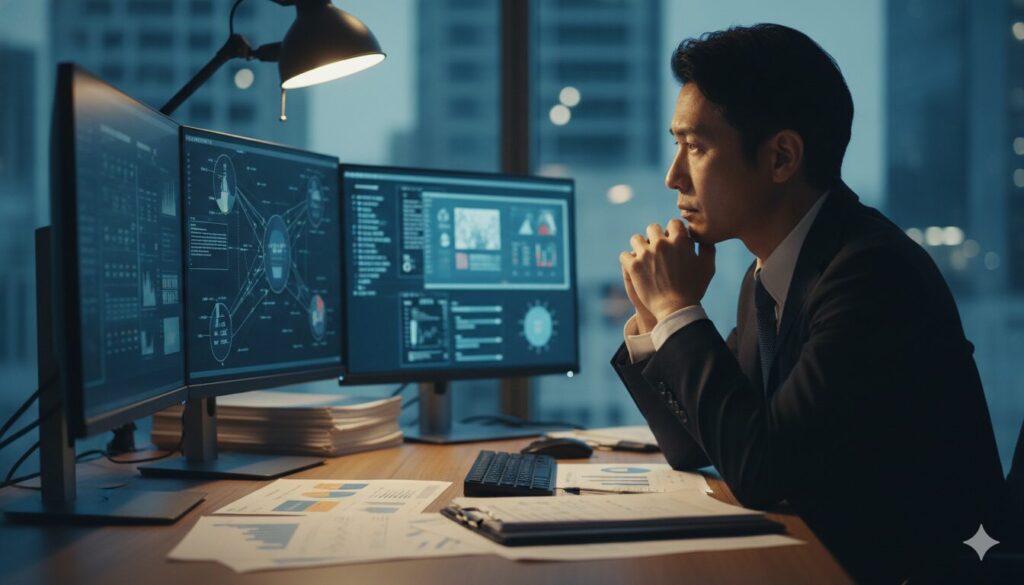 複数の資料を見ながら、深く思考し、顧客の真の課題（インサイト）を探求している日本人ビジネスパーソンの写真。