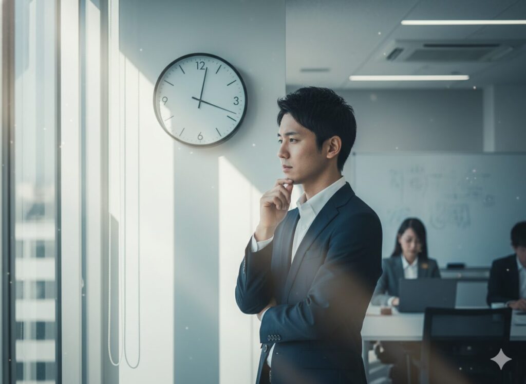 明るいオフィスで時計を見つめる日本人ビジネスパーソン。期間限定やタイミングの重要性を象徴するシーン。