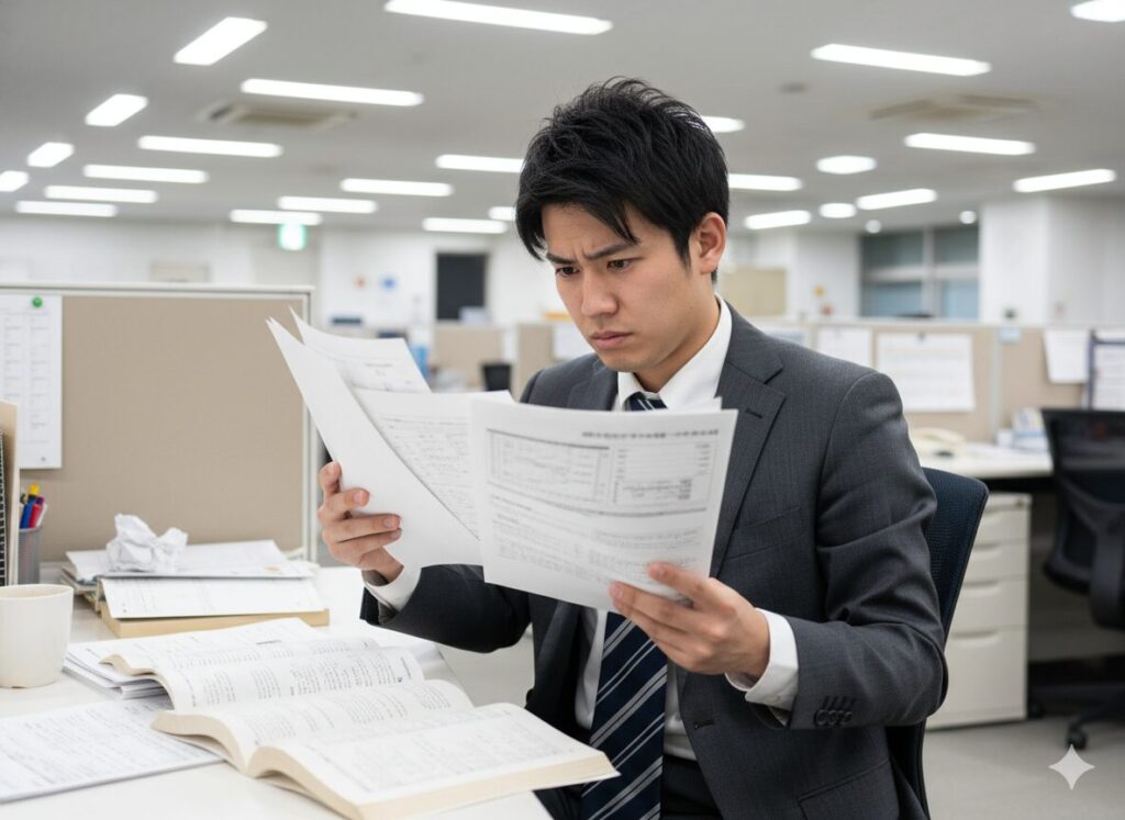 営業初心者がスーツ姿で資料を見つめて悩むシーン。明るいオフィス背景