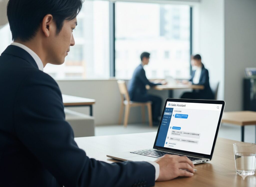ChatGPTで営業資料をまとめるビジネスマン