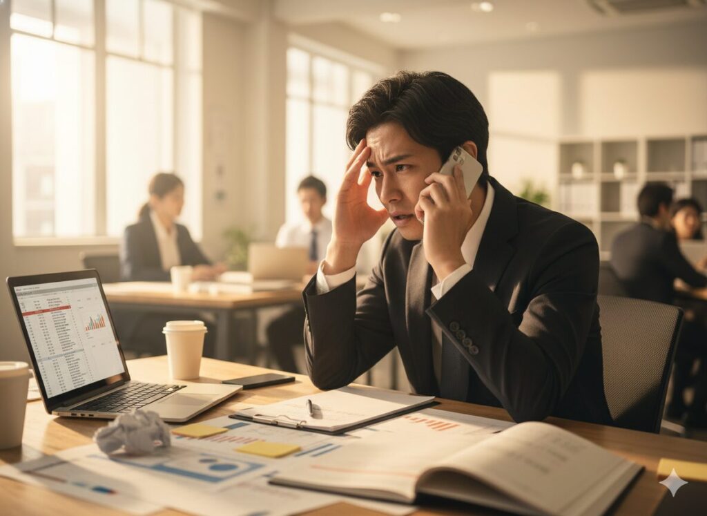 「クレーム対応に悩む新人営業マンのイメージ写真」