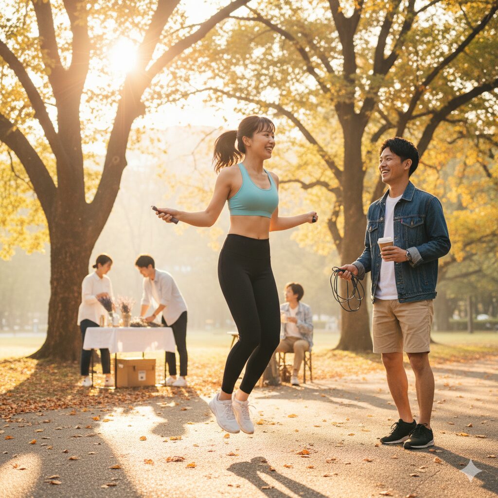 屋外で縄跳びをして運動する男女。朝日を浴びながら笑顔で軽い運動。