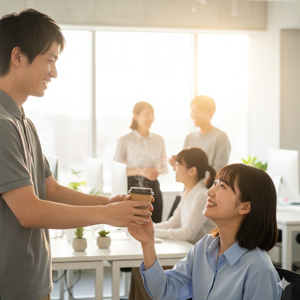 オフィスで同僚にコーヒーを笑顔で渡す男女。自然なコミュニケーションシーン。