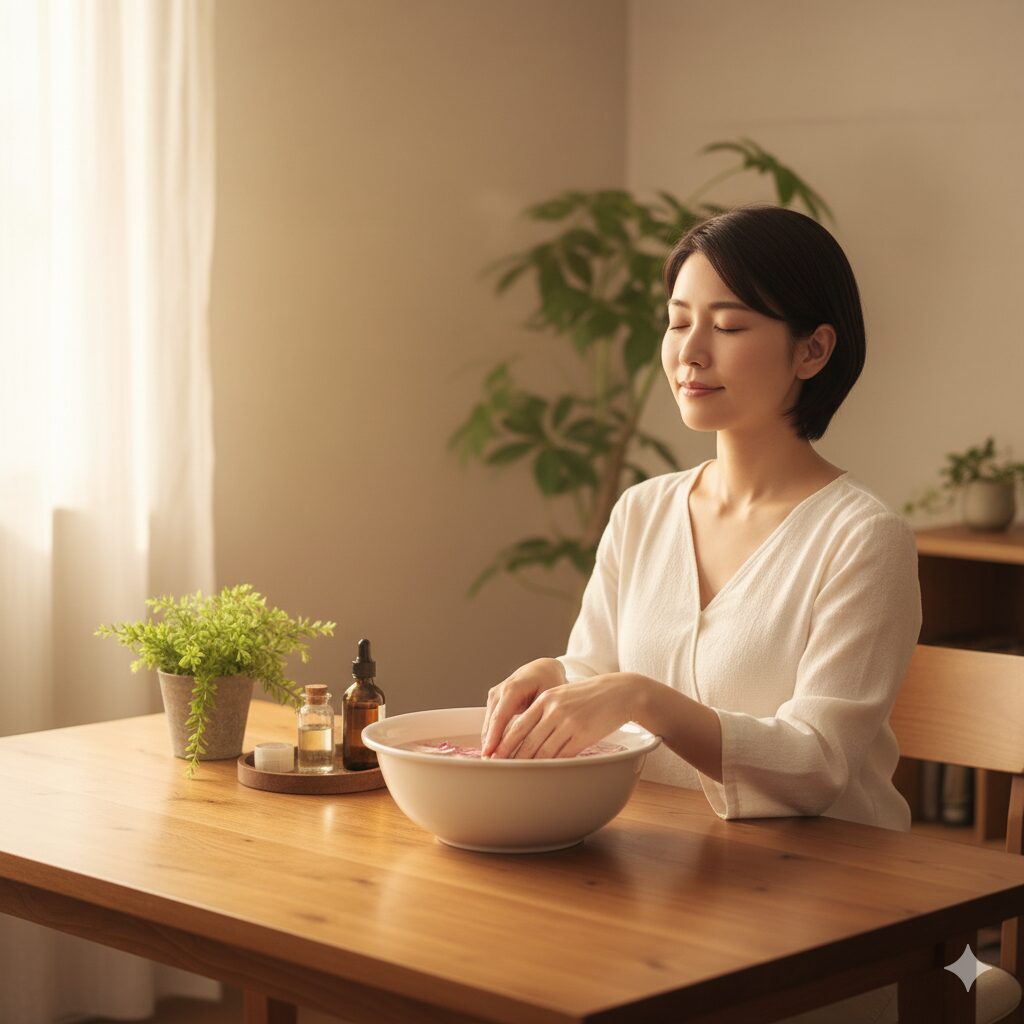 洗面器に手を浸してリラックスする女性。柔らかい照明と木目のテーブル