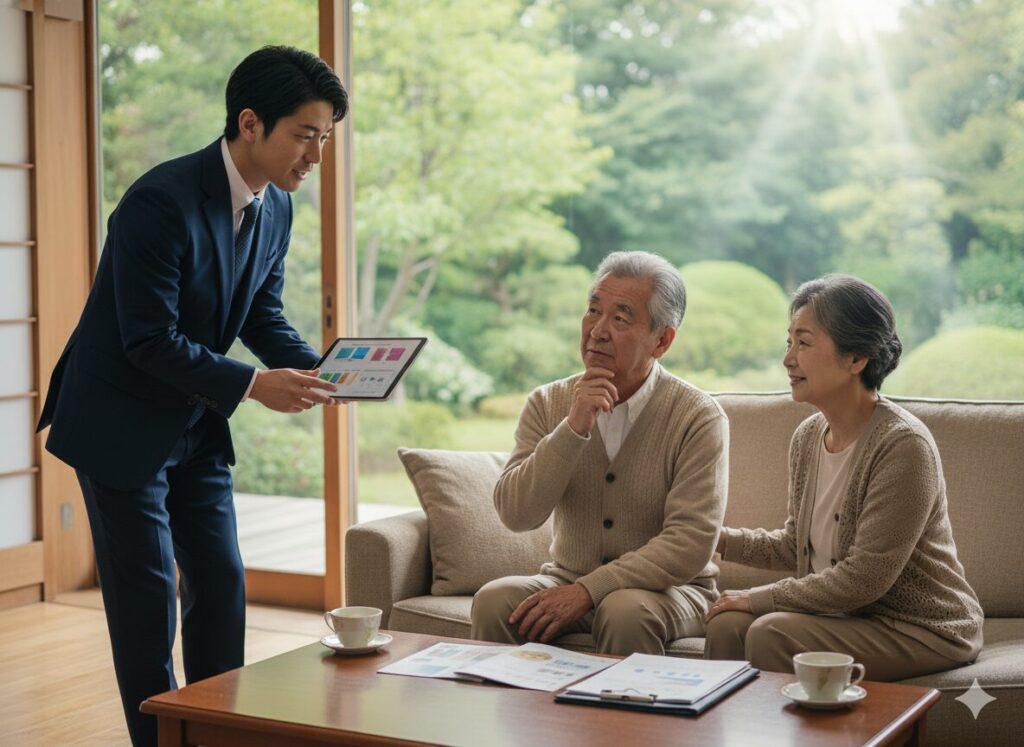 いい話だけど、ちょっと考えさせてください。と老夫婦に言われる営業マンの画像