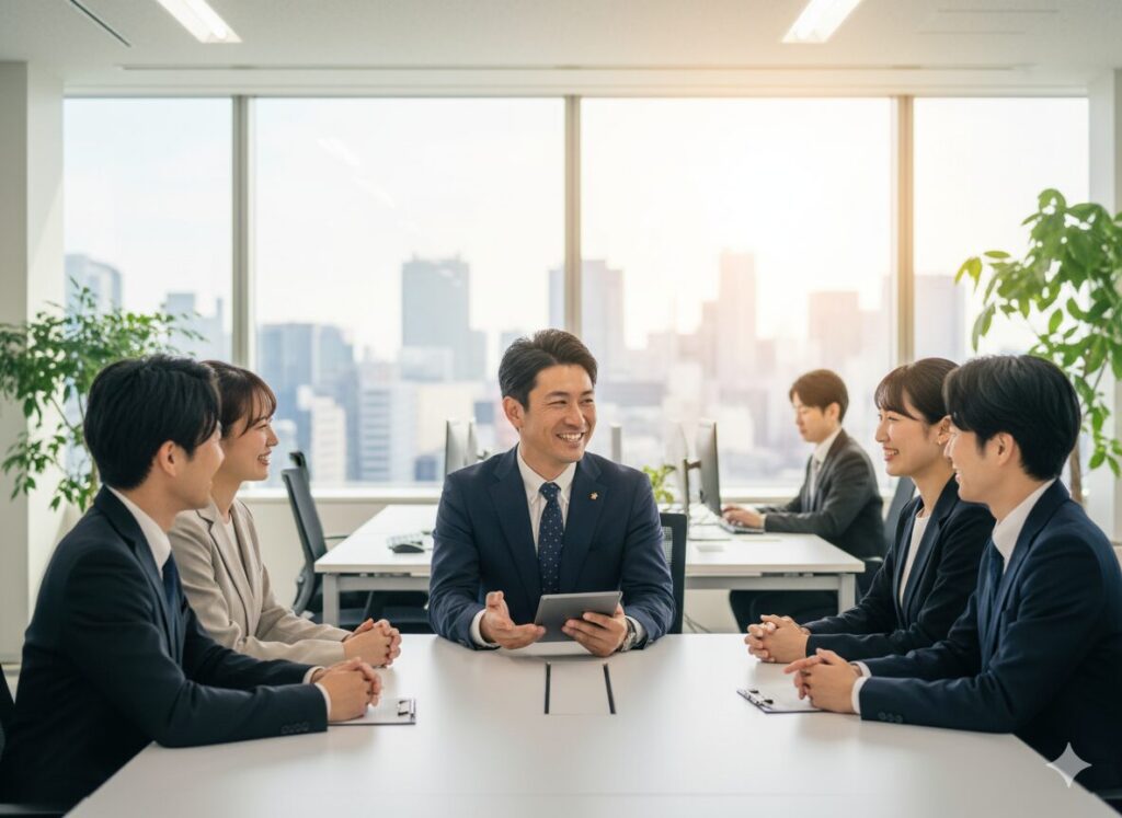 笑顔で会議に参加する営業マン