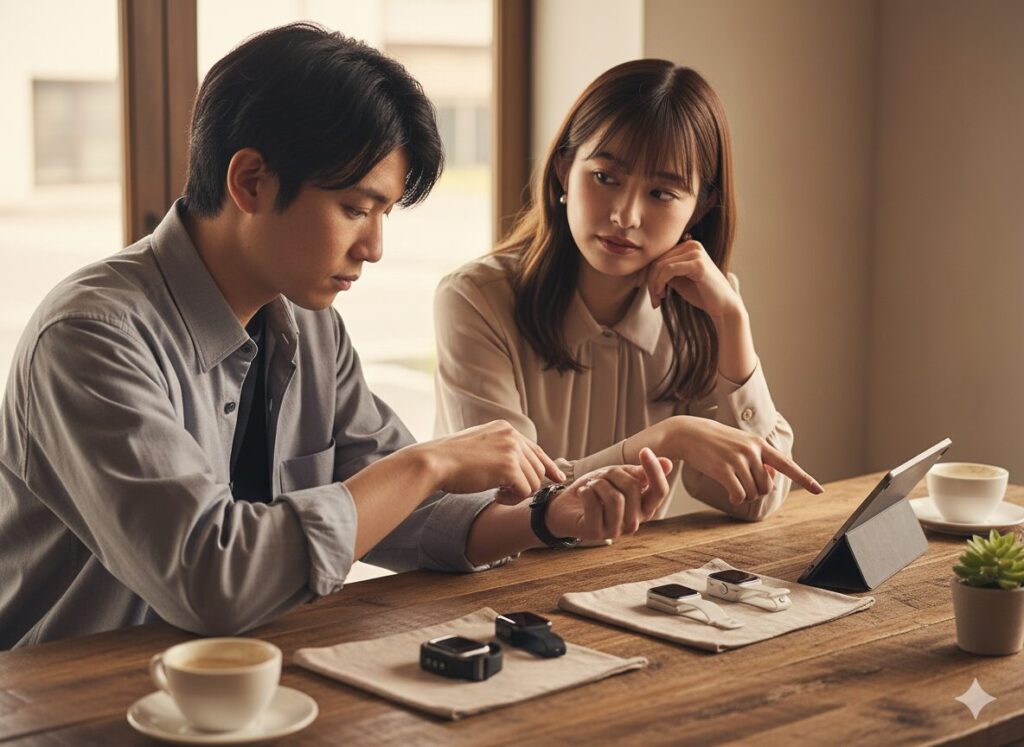 pple Watchを見比べて悩む男女、カジュアルな雰囲気、木目テーブル