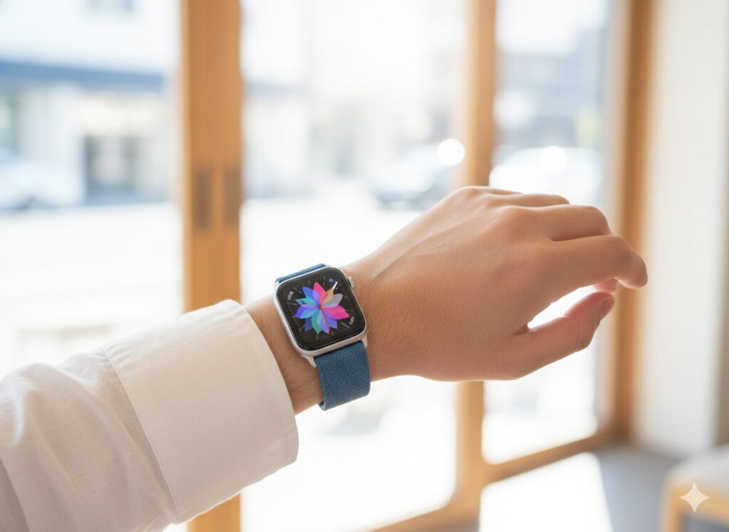 Apple Watch Series 10を手首に着けた人物、明るい背景、自然光