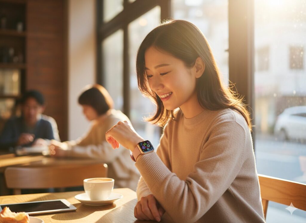 Apple Watchを見て満足げに笑う人、カフェの窓際、暖かい光