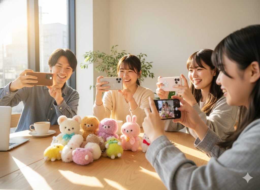 若い日本人が小さなぬいぐるみをスマートフォンで撮影し、SNS投稿を楽しんでいる様子。共感と共有の心理を表現。
