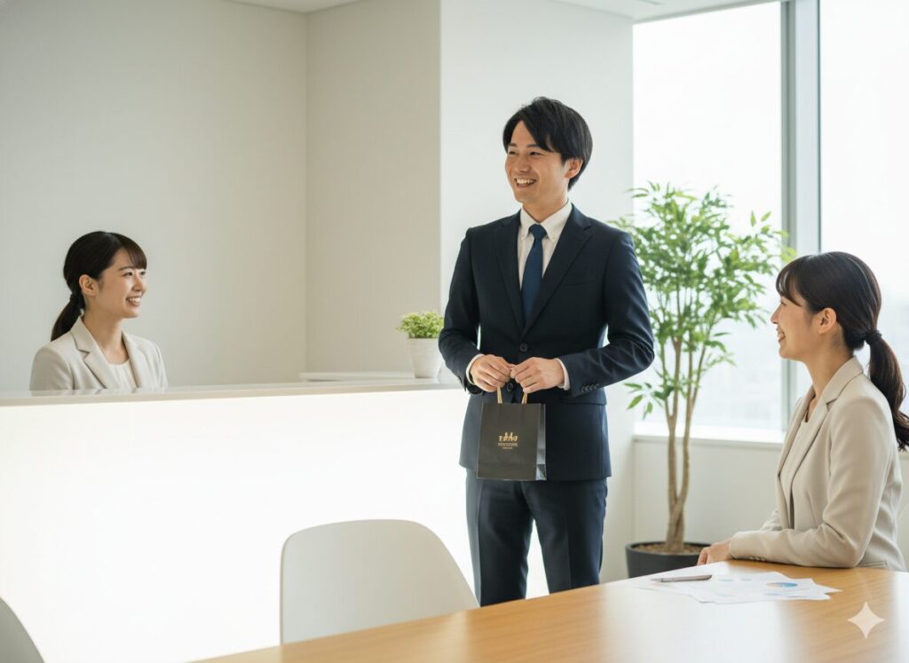 定期的な訪問を通じて信頼関係を築く日本人営業マン