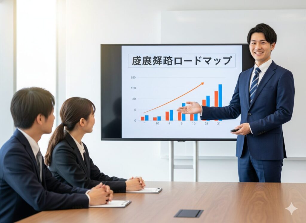 顧客に向けて自信を持ってプレゼンする日本人営業マン