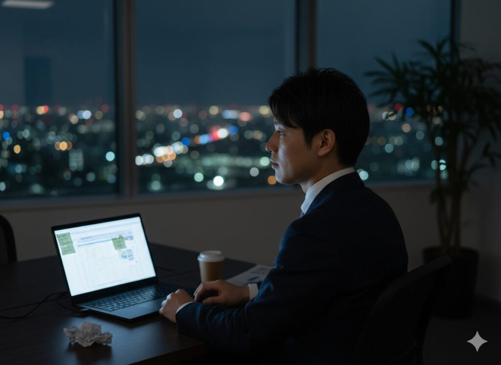 夜のオフィスで振り返りをする若手営業マンの横顔 夜のオフィスで振り返りをする若手営業マンの横顔