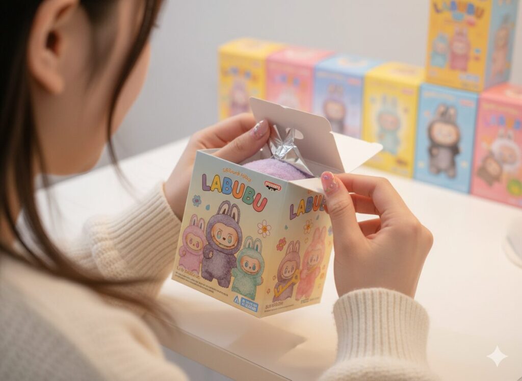 ラブブのブラインドボックスを開封する手