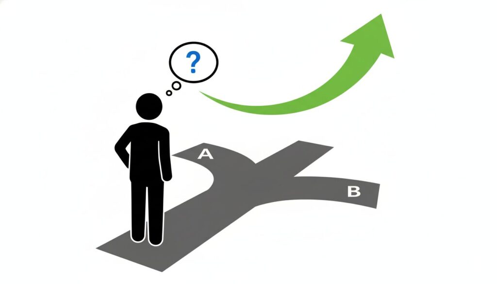 分かれ道でどちらに進むか考える人のイラスト、振り返りポイントが示されているイメージ