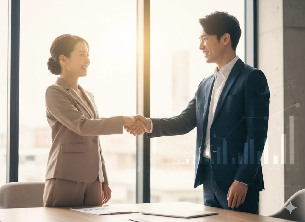 顧客と営業が笑顔で握手しているシーン