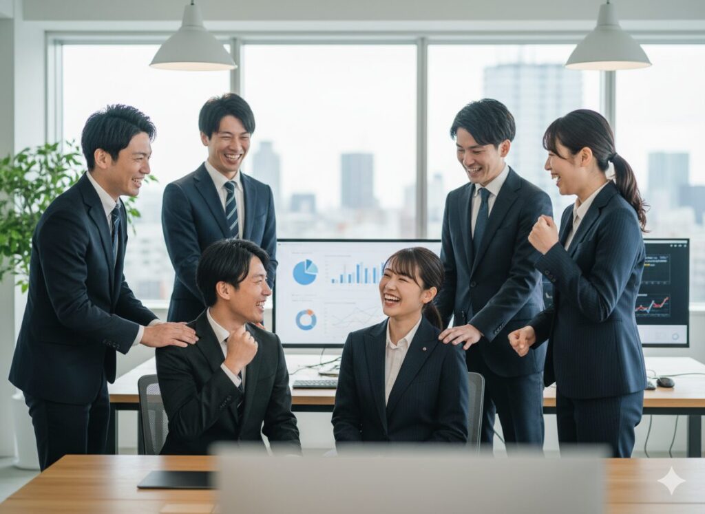 「営業チームが談笑しながら前向きに話すシーン」