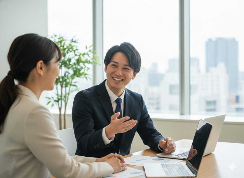 心理学を活用して成果を上げる日本人営業マンのイメージ