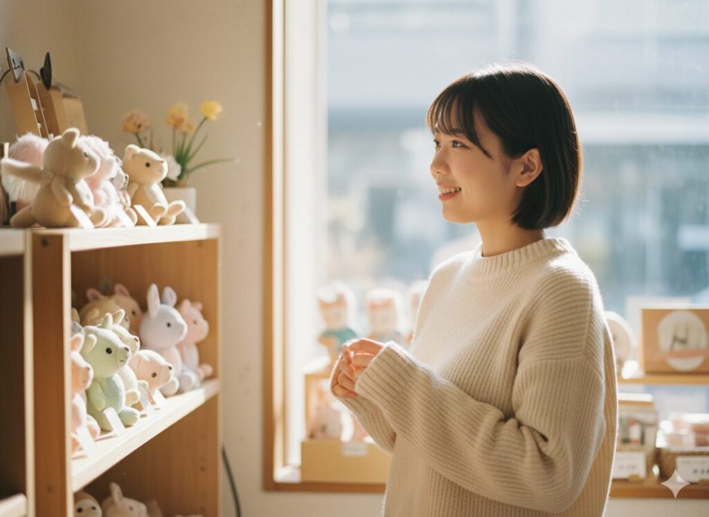 雑貨店でかわいいぬいぐるみを見つめながら微笑む日本人女性。感情の動きを象徴する穏やかな瞬間。